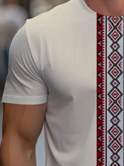 Men's Ethnic Geometric Embroidery T-Shirt - Premium Fabric, Comfort Fit Round Neck, Machine Washable Casual Top for Casual Attire, T Shirt, Durable Fabric Shirt