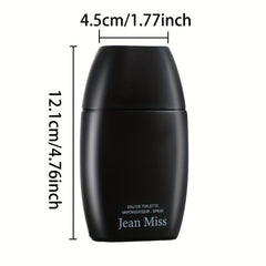A sleek black bottle of Jean Miss men's cologne with dimensions labeled in centimeters and inches.