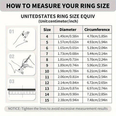 A ring size measurement guide showing instructions and a conversion table for US ring sizes.