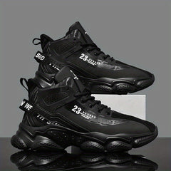 A pair of black mid-top men's running shoes with lace-up closures and the number 23 printed on the side.