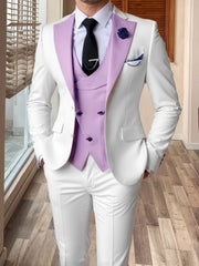 A slim-fit white three-piece suit featuring a lavender vest and matching lapel accents.