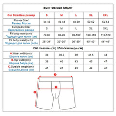 A size chart for men's boxer shorts showing measurements for sizes S through XXL.