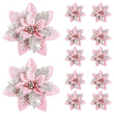 A set of pink and silver glittery artificial poinsettia flowers for Christmas tree decoration.