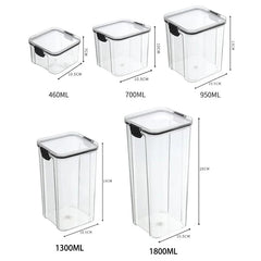 Five clear plastic square storage containers of varying heights with black locking lids.