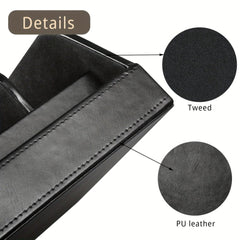 A close-up view of a black belt organizer box showing its tweed interior and PU leather exterior.