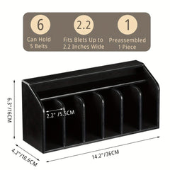 A black six-slot belt organizer box with dimensions of 14.2 by 4.2 by 6.3 inches.