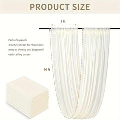 A stack of ivory chiffon drapes next to a single panel hanging on a rod, measuring 5 by 10 feet.