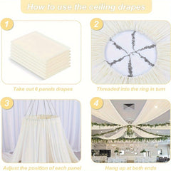 A four-step instructional graphic showing how to install ivory chiffon ceiling drapes.