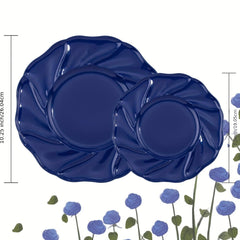 Two round, dark blue plastic plates with a decorative scalloped rim, shown in two different sizes.