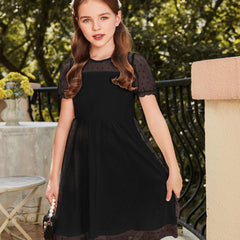 Girls Dresses Clashing Mesh Puffy Short Sleeve A-Line Casual Party Dresses