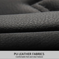 A close-up view of black faux leather car seat cover material with a textured surface.