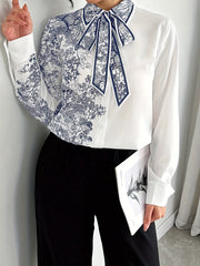 Women's Elegant Blouse - Semi-Sheer Buttoned-up Shirt with Floral bow tie, White & Navy Blue Floral Print, Long Sleeve Office Party Top for Women, Sophisticated Attire, Classic Collared Design, Detailed Print Design
