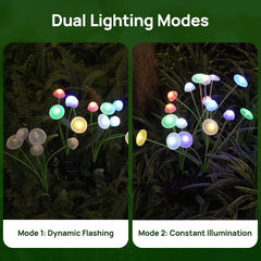 Solar-powered mushroom-shaped garden lights displayed in flashing and constant illumination modes.