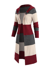 A long-sleeved, hooded cardigan featuring a maroon, cream, and dark gray color-block pattern.