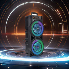 A portable dual 8.5-inch wireless speaker with RGB light rings on a circular stage.