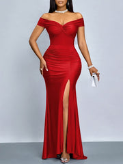 Women's Off-the-Shoulder Bodycon Evening Dress - Solid Color with Side Slit, Machine Washable Lightweight Formal Party Dress for All Seasons, Allseason Attire, Elegant Design