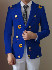 A man wears a blue regular fit blazer featuring a cartoon food pattern and a lapel collar.