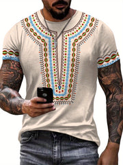 Men's African-Inspired Print T-Shirt - Soft Stretch Knit Crew Neck, White with Multicolor Tribal Pattern (Green/Blue/Red/Yellow), Machine Washable Non-See-Through Shirt for Casual, Office & Party Wear - Nigerian Style Attire