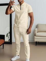 Men'S Waffle Texture Lapel Shirt And Pants Set - Polyester Short Sleeved Shirt, Zipper Access, Elastic Drawstring Waist Straight Leg Pants 5 Colors Suitable For Spring, Summer, Autumn, Beach, Outdoor Activities, Daily Wear, S