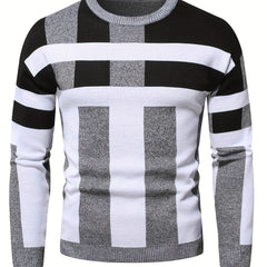 Men's Color Block Round Neck Sweater, Trendy Stretch Warm Pullover For Winter Outdoor