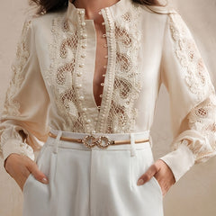 Women's Elegant Lace-Trimmed Semi-Sheer Long Sleeve Shirt - Stand Collar Button-Front Blouse with Puffed Shoulders, Machine Washable Lightweight Top for Spring Summer Fall, Versatile Casual to Formal Wear, Seasonal Wardrobe S