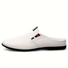 A white leather slip-on mule with a round toe, black rubber sole, and striped side detail.