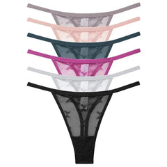 A set of six low-rise mesh thongs in assorted colors featuring a transparent design.
