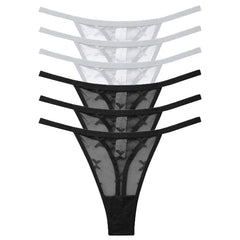 A set of six low-rise mesh thongs in black and white with a transparent, patterned design.