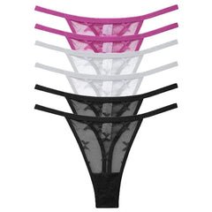 A set of six low-rise mesh thongs in black, white, and magenta with a subtle star pattern.
