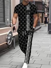 Zhiyu OBM Men's Summer Casual Sportswear 2pcs Set, Fashionable Round Neck Short Sleeve T-Shirt with Drawstring Pants