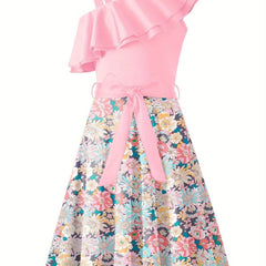 Girl's Sleeveless Polka Dot A-Line Dress with Ruffled One-Shoulder Design and Waist Bow - Black & White Summer Dress for Youngsters 5-12 Years