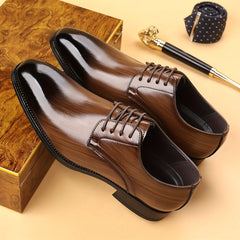 Men's Formal Business Wedding Oxford Derby Shoes - Low-Top Lace-Up Dress Shoes with Glossy Brown/Black Stripe, Pointed Toe & Rubber Sole - British Style for Office, Conference, Prom (No Maintenance Required)