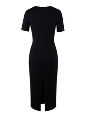 A black, short-sleeved bodycon midi dress with a crew neck and a back slit.