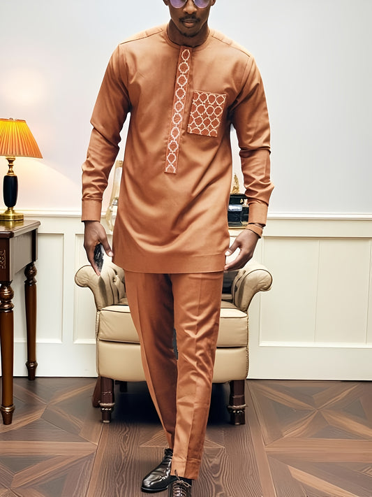 2024 Autumn New, Dashiki Men'S Set, Long Sleeve Top, Chest Embroidery, Hidden Button, Pocket, Round Neck, Split Hem, Elastic Pants, African Clothing, Men'S Casual Shirt and Trousers 2pcs Set, Four Seasons New 1 Set, Street St