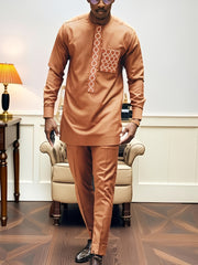 2024 Autumn New, Dashiki Men'S Set, Long Sleeve Top, Chest Embroidery, Hidden Button, Pocket, Round Neck, Split Hem, Elastic Pants, African Clothing, Men'S Casual Shirt and Trousers 2pcs Set, Four Seasons New 1 Set, Street St