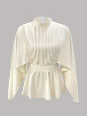 Women's Casual High Neck Blouse - Elegant Semi-Sheer Ruffled Sleeve Shirt, Solid Color Machine Washable Top for All-Season Versatile Wear