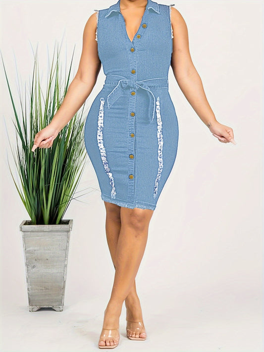 Women's Sleeveless Denim Bodycon Midi Dress - Sexy V-Neck with Front Button Closure, Raw Trim Detail & Stretchy Comfort Fit, Machine Washable All-Season Casual to Evening Dress in Blue, Weekend Wear, Comfortable Fit, Trendy W