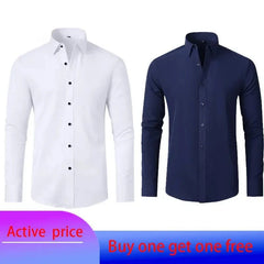 Two long-sleeved button-down shirts in white and navy blue with a solid color finish.