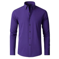 A long-sleeved, solid purple men's button-down shirt with a square collar.