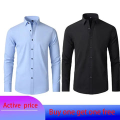 Two long-sleeved button-down shirts in light blue and black with square collars.
