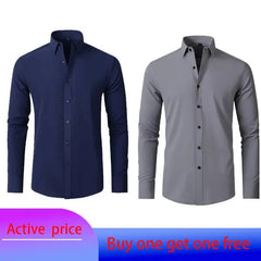 Two long-sleeved button-down shirts in solid navy and grey colors.
