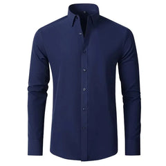 A solid navy blue long-sleeved men's button-down shirt with a square collar.