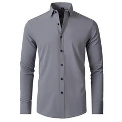 A long-sleeved, solid grey men's button-down shirt with a square collar.