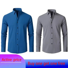 Two long-sleeved button-down shirts in solid blue and grey colors.