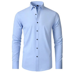 A light blue long-sleeved button-down shirt with a square collar and dark buttons.