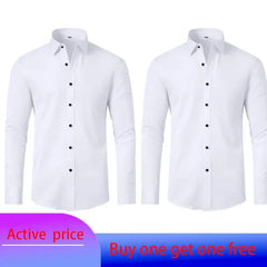 Two white long-sleeved button-down shirts with black buttons displayed side by side.