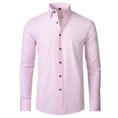 A long-sleeved, light pink men's button-down shirt with a square collar and black buttons.