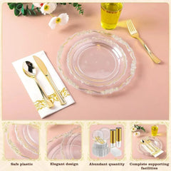 700 PCS Gold Plastic Cutlery Set Gold Disposable Plates Bulk Clear Gold Rim Guest Supplies Wedding and Birthday Party Tableware - SHOWLU FASHION STORE