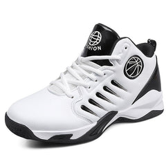 A white and black high-top basketball shoe with a basketball emblem on the side.