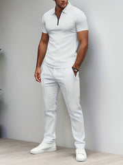 Men'S Waffle Texture Lapel Shirt And Pants Set - Polyester Short Sleeved Shirt, Zipper Access, Elastic Drawstring Waist Straight Leg Pants 5 Colors Suitable For Spring, Summer, Autumn, Beach, Outdoor Activities, Daily Wear, S